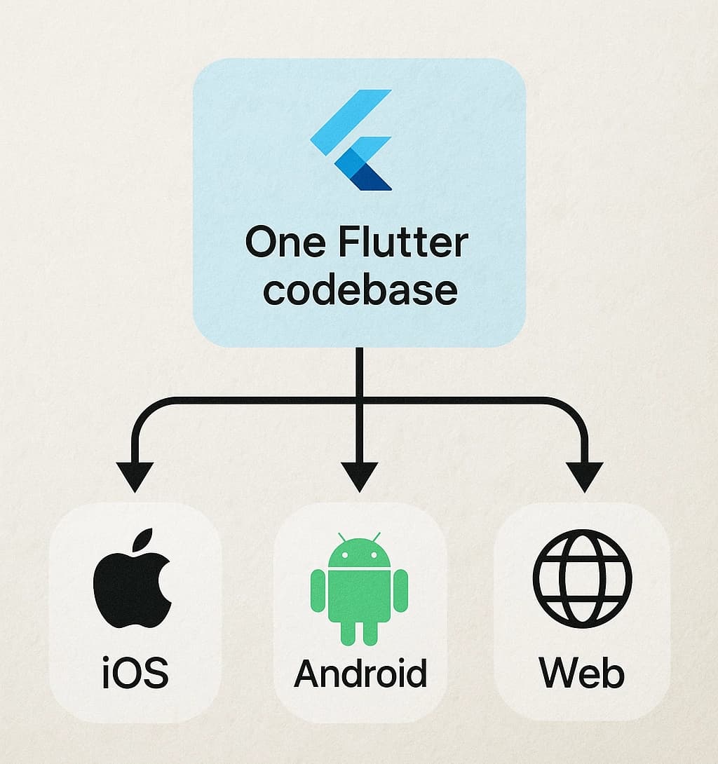 Dijagram koji pokazuje jednu Flutter codebase koja se izvršava na iOS, Android i web platformama