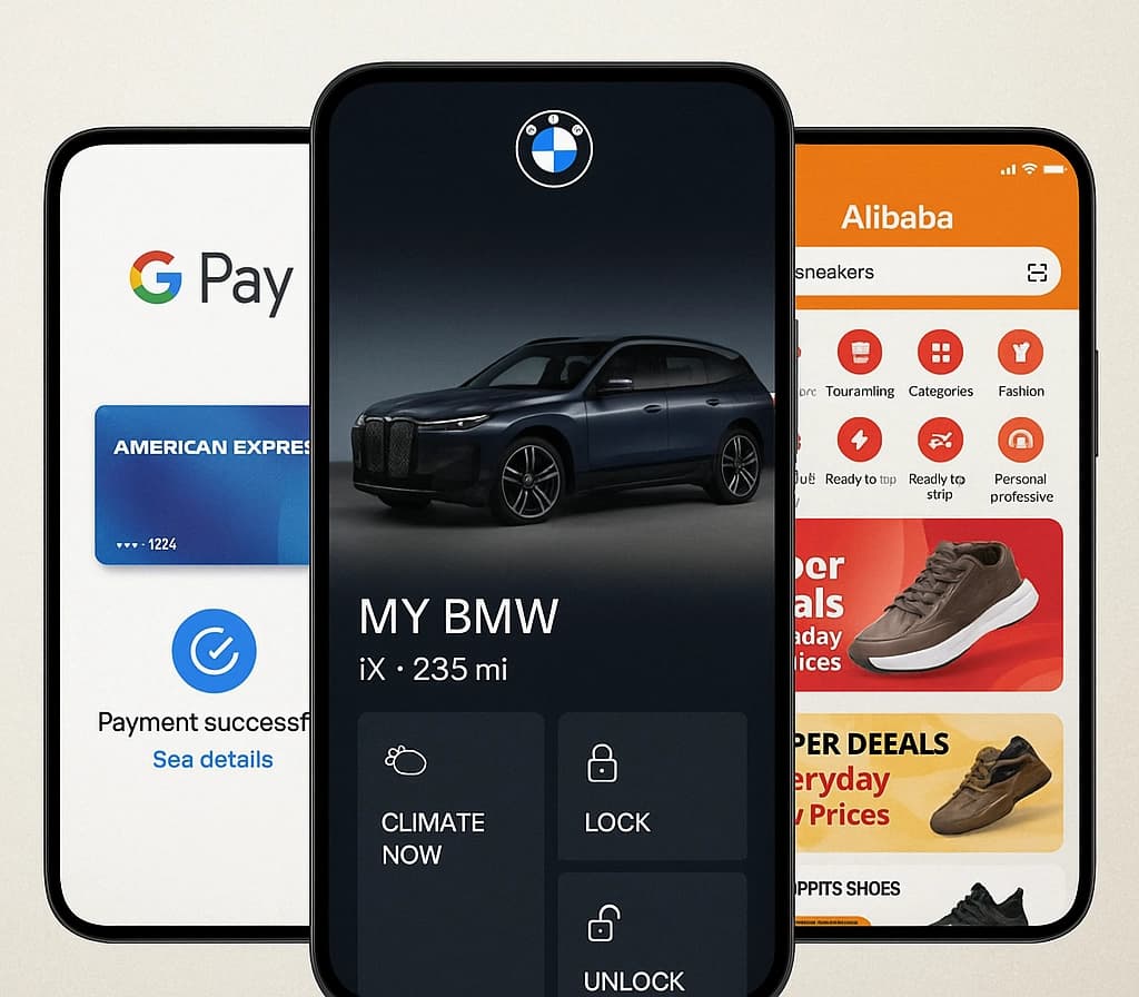 Kolaž uspješnih Flutter aplikacija uključujući Google Pay, BMW i Alibaba